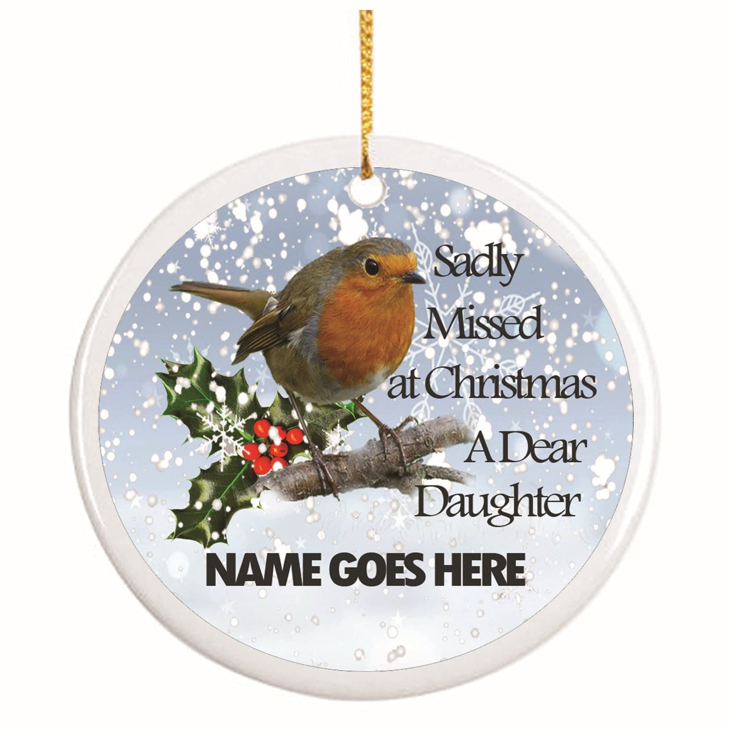 Robin Remembrance Personalised Ceramic Christmas Tree Memorial Hanging Decoration, White, 7 x 7cm
