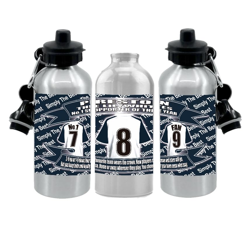 Pres(ton) Football Shirt Silver Aluminium Two Lid Unisex Water Bottle Gift