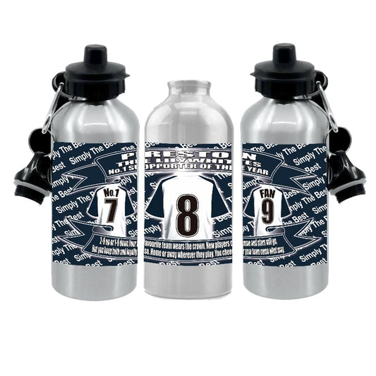 Pres(ton) Football Shirt Silver Aluminium Two Lid Unisex Water Bottle Gift