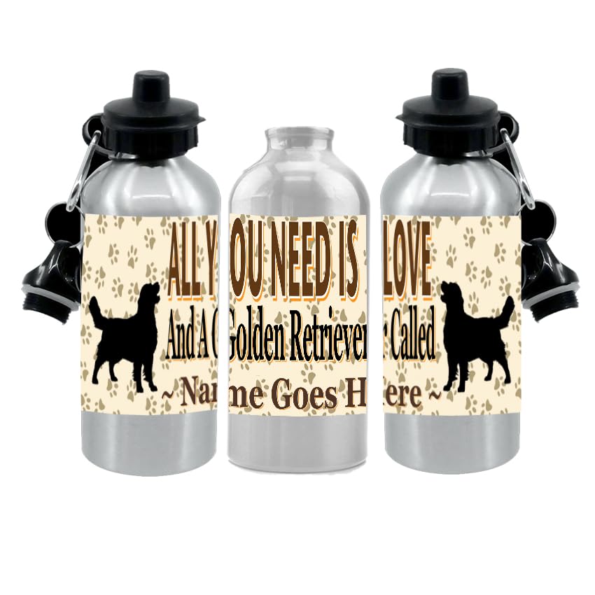 Personalised Golden Retriever Water Bottle - All You Need is Love - Silver Aluminium - Two Lids - Unisex Gift
