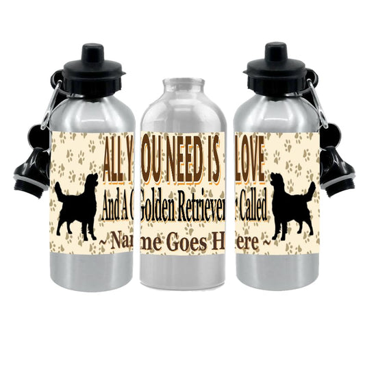 Personalised Golden Retriever Water Bottle - All You Need is Love - Silver Aluminium - Two Lids - Unisex Gift