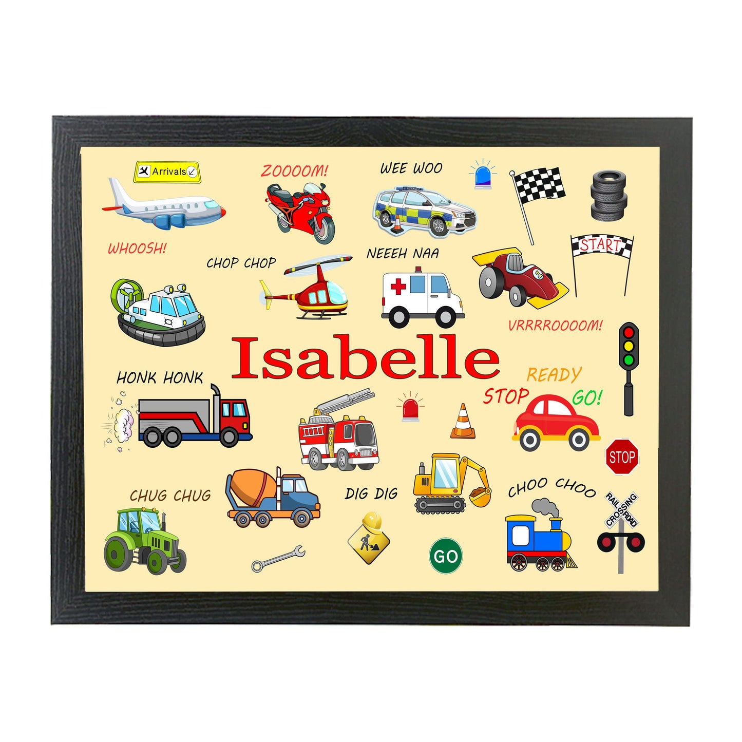 Junior Personalised Fun Cartoon Vehicles Choice Of Two Colours Design Soft Cushion Lap Tray Gift