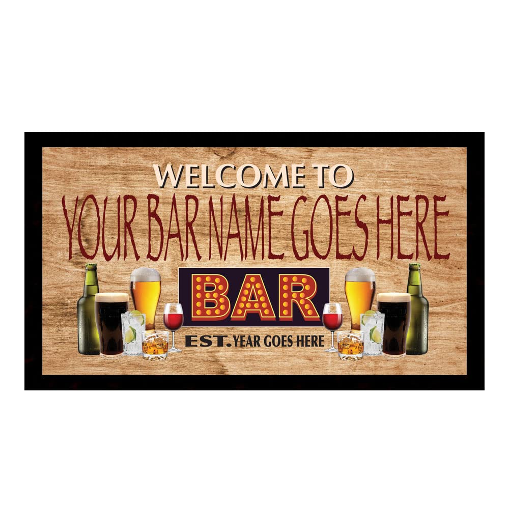 Welcome To Neon Style Text Bar Sign with Drinks Bar Mat Runner with Non- Slip Rubber Back and Personalised Name with Year - Home, Pub, Coffee Shop, Venue, Garden, Bar Gift