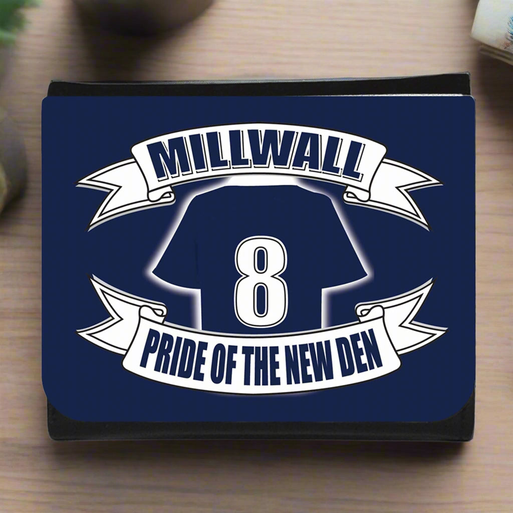 Navy blue wallet with white text and graphics on a white background
