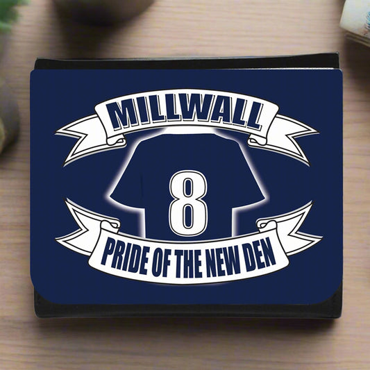 Navy blue wallet with white text and graphics on a white background