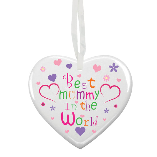 Best In The World Mummy Customised Hanging Heart Ceramic Keepsake Gift - (More Relative Options Are Available)