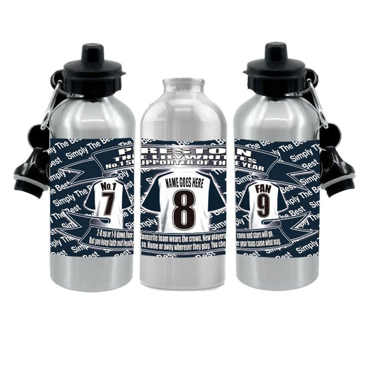 Pres(ton) Personalised Football Shirt Silver Aluminium Two Lid Unisex Water Bottle Gift
