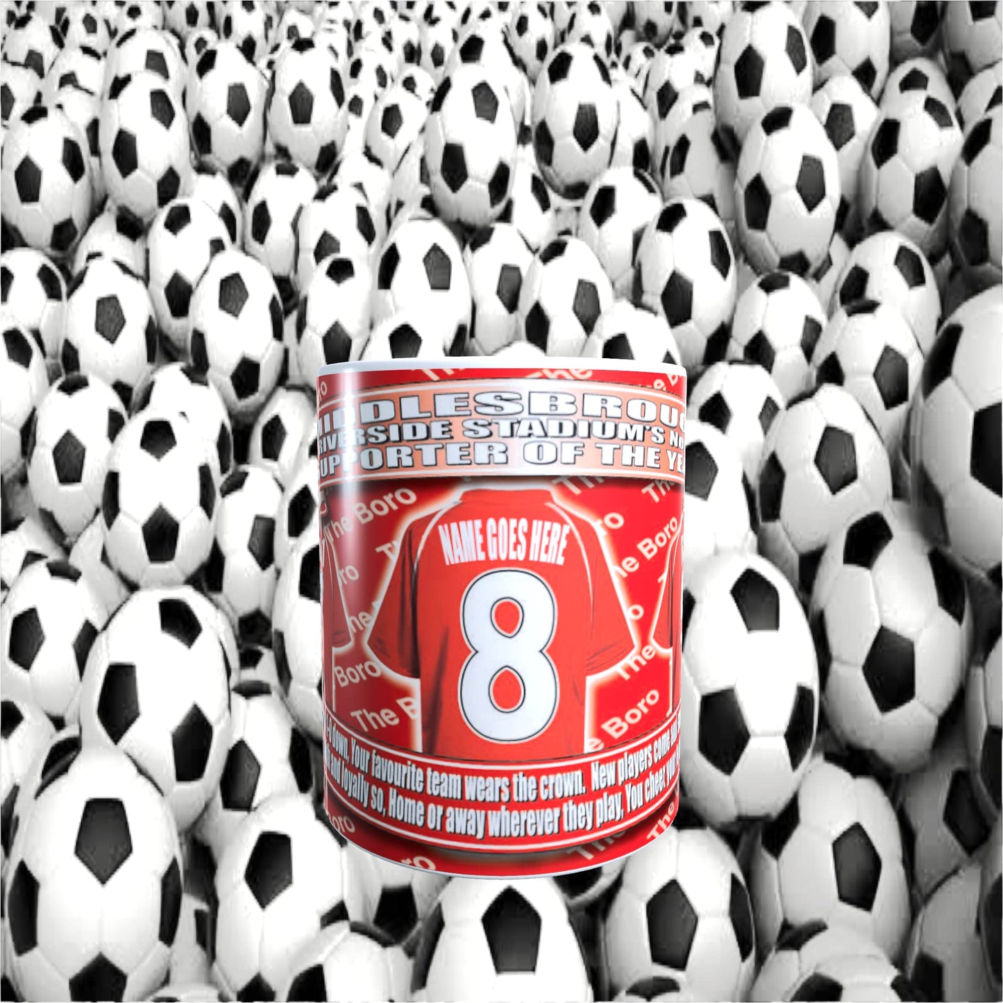 Middlesbrough Football Team Shirt Personalised Mug Gift with Chocolate Footballs