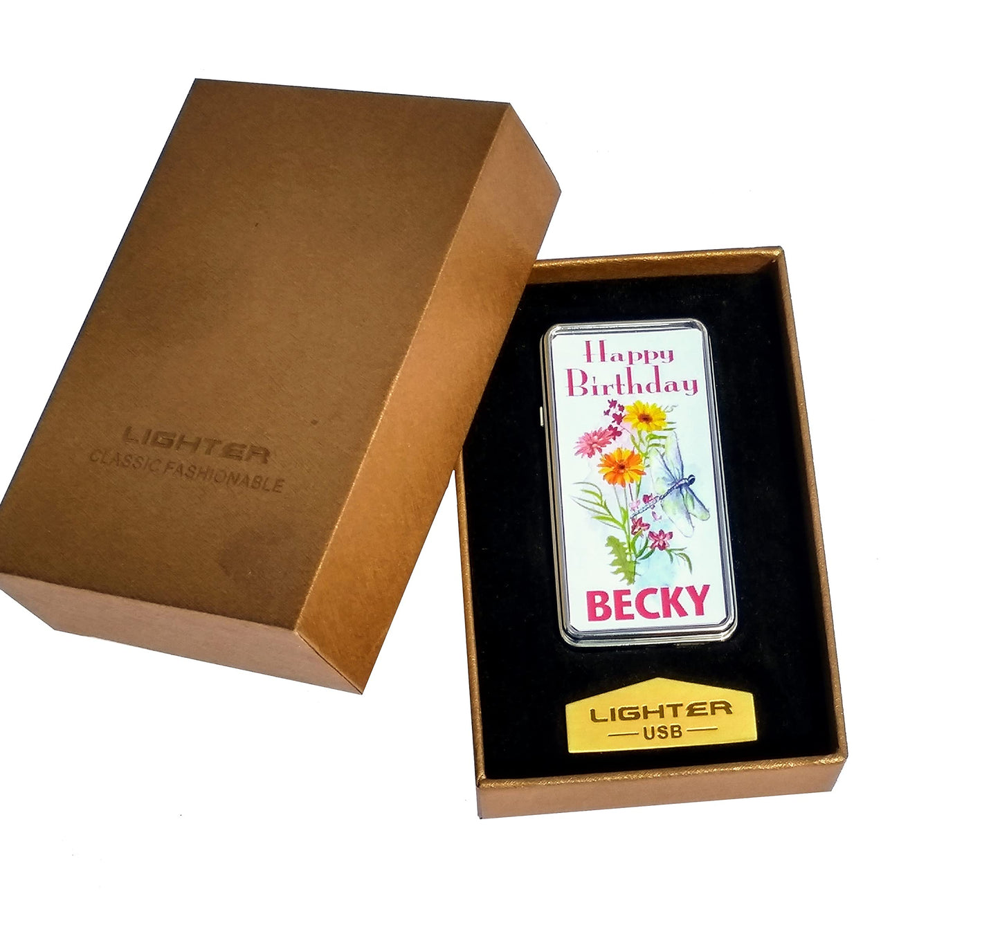 Flowers & Dragonfly Any Occasion Personalised Rechargeable Gift Boxed Silver Metal USB Lighter