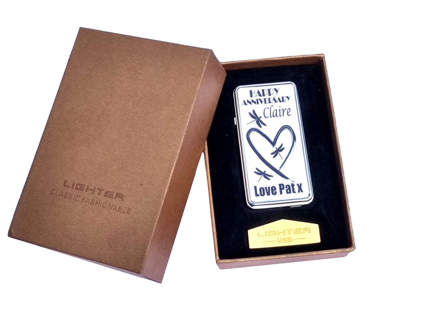 Heart & Dragonfly Any Occasion Personalised Rechargeable Gift Boxed Silver Metal USB Lighter