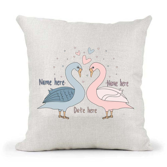 Cute Male Female Couple Swans Valentines Day Anniversary Personalised Country Canvas Cushion Cover Gift