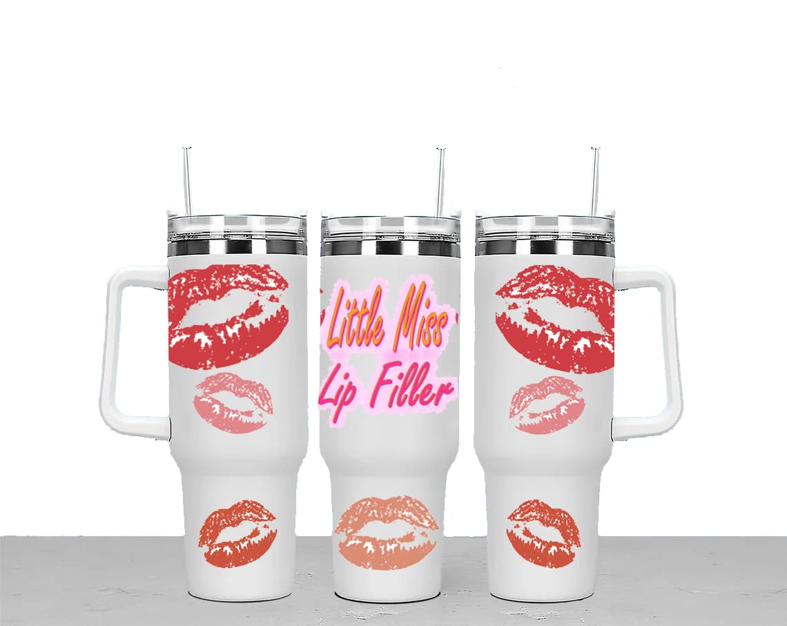Little Miss Lip Filler Large Unisex 40oz Stainless Steel Travel Cup Tumbler Gift with Carry Handle, Lid and Straw