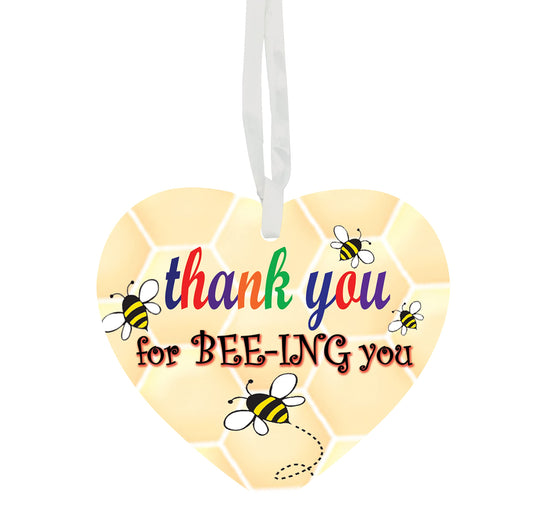 Thank You For BEE-ING You Multicoloured Text Hanging Heart Ceramic Keepsake With Honeycomb Background
