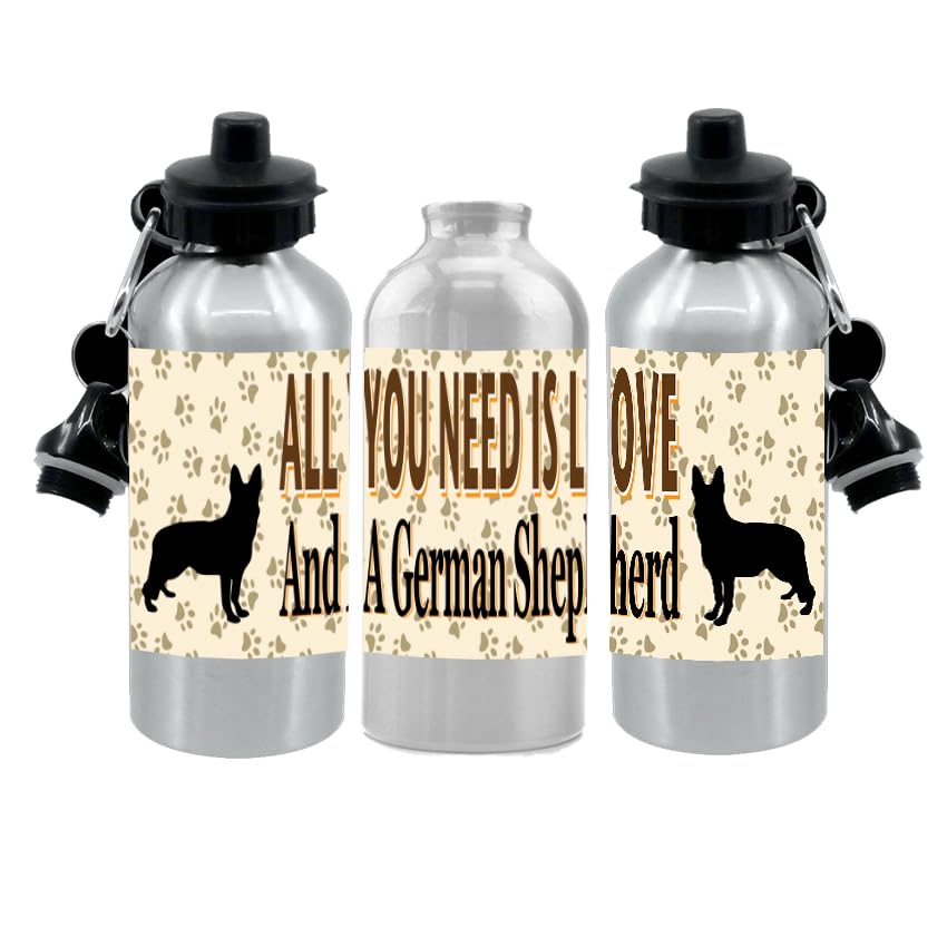German Shepherd Water Bottle - All You Need Is Love - Silver Aluminium - Two Lids - Unisex Gift