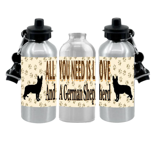 German Shepherd Water Bottle - All You Need Is Love - Silver Aluminium - Two Lids - Unisex Gift