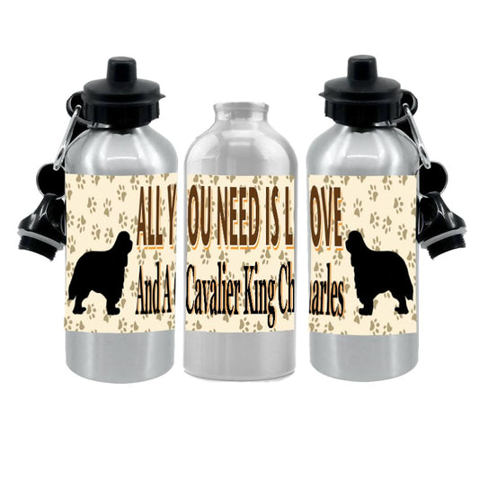 Cavalier King Charles Water Bottle - All You Need Is Love - Silver Aluminium - Two Lids - Unisex Gift