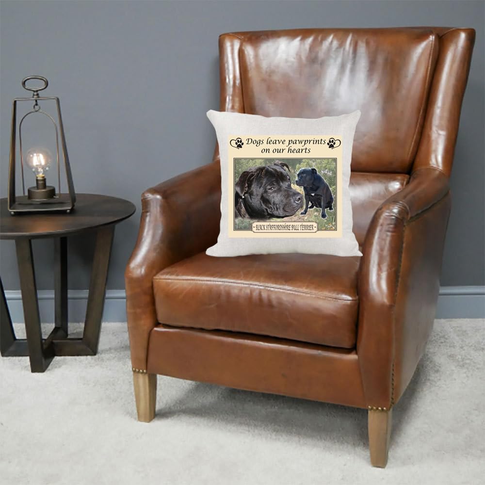 Black Staffordshire Bull Terrier Staffy Dogs Leave Pawprints on our Hearts Country Canvas Style Cushion Cover Gift