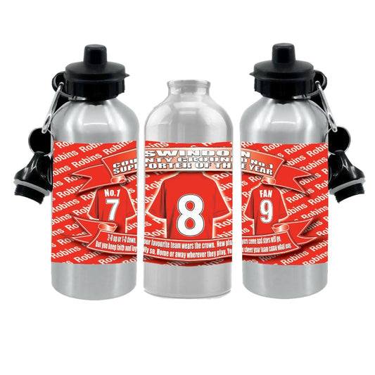 Swindon Water Bottle - Football Shirt - Silver Aluminium Two Lids - Unisex Gift