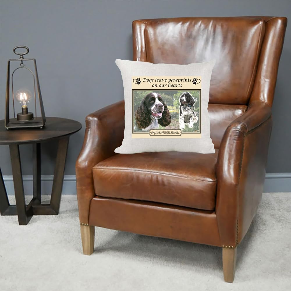 English Springer Spaniel Dogs Leave Pawprints on our Hearts Country Canvas Style Cushion Cover Gift