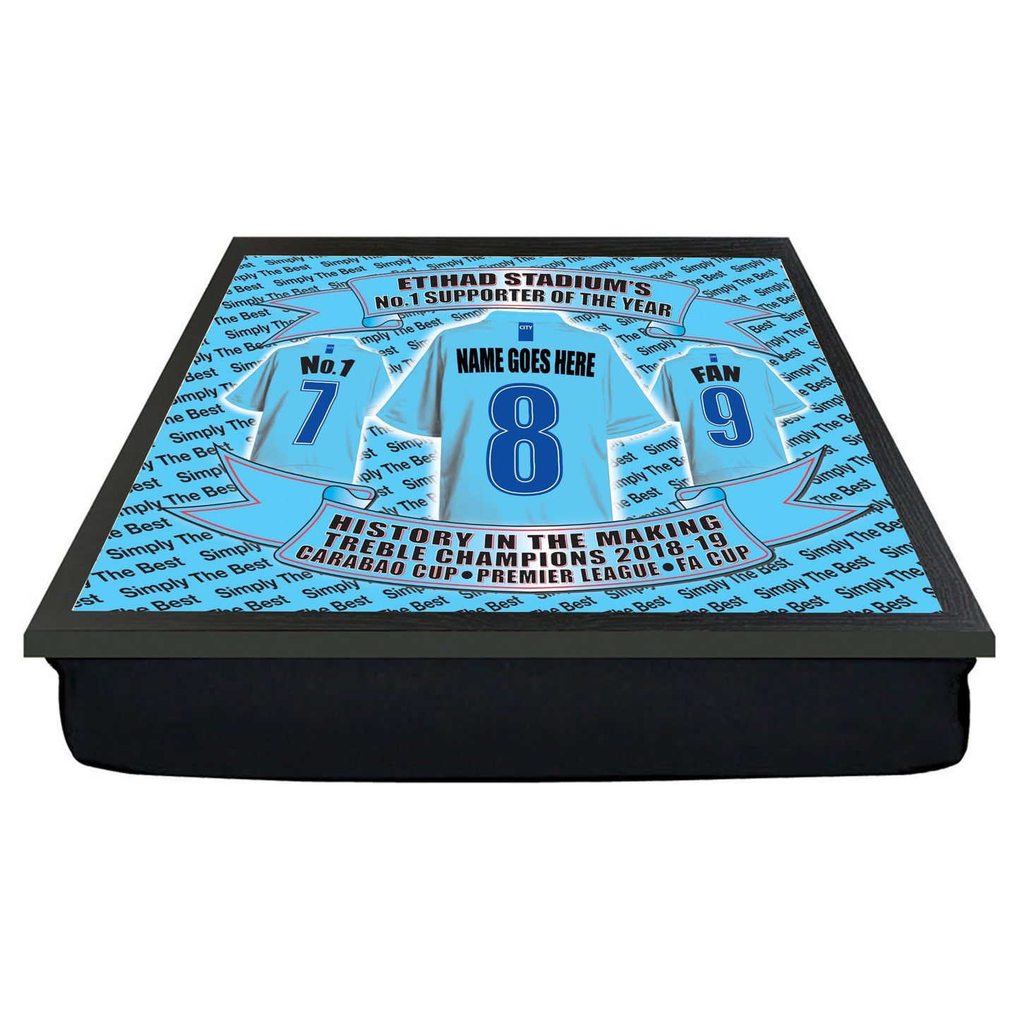 Manchester Blues Football Shirt Personalised Lap Tray Gift - Lap Tray - Dinner Tray - Ergonomic Cushion