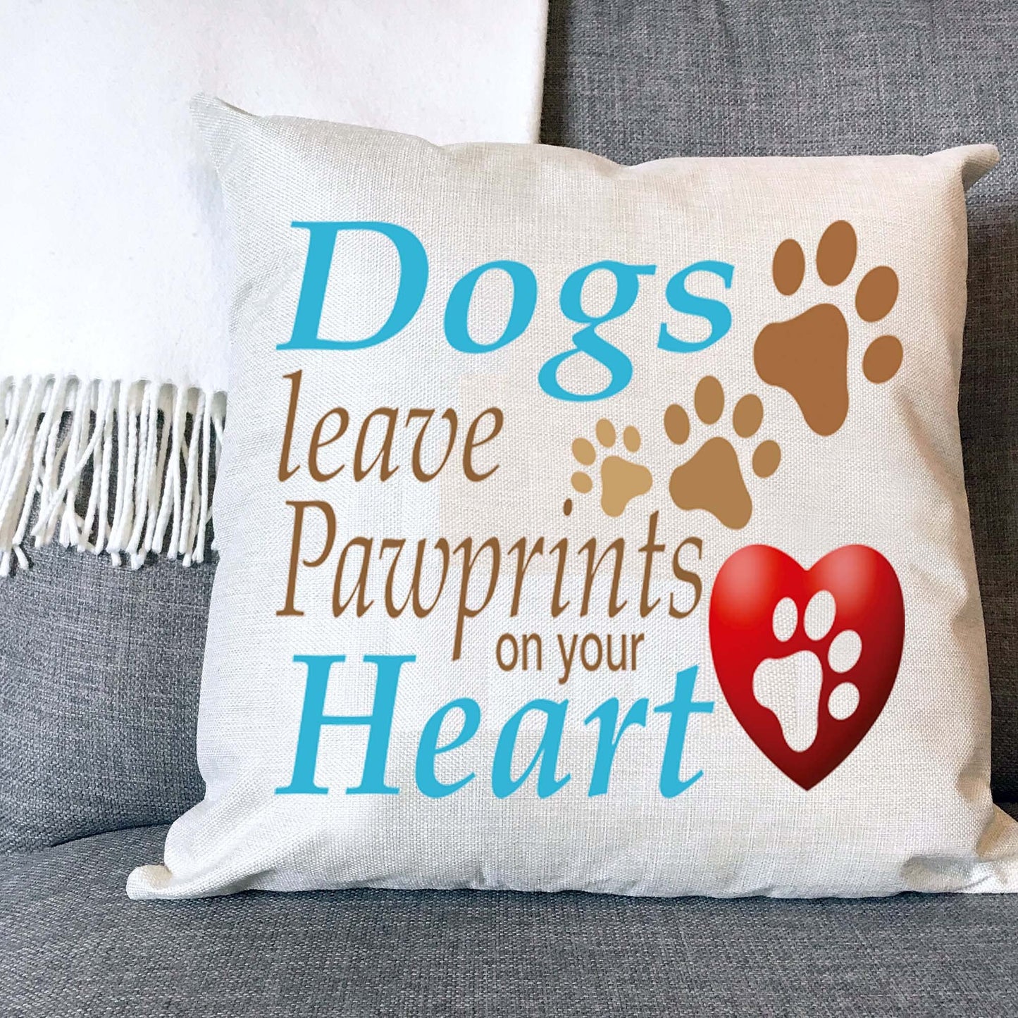 Dogs Leave Pawprints On Your Heart Naturally Woven Linen Style Cushion Cover Pillow Gift