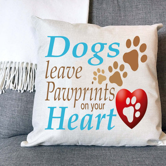 Dogs Leave Pawprints On Your Heart Naturally Woven Linen Style Cushion Cover Pillow Gift