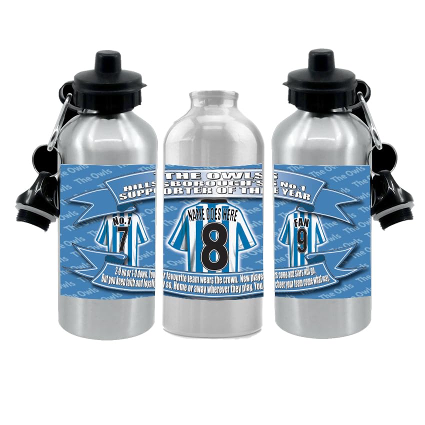 Personalised Sheff(ield) Weds Water Bottle - Football Shirt - Silver Aluminium Two Lids - Unisex Gift