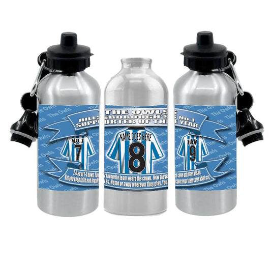 Personalised Sheff(ield) Weds Water Bottle - Football Shirt - Silver Aluminium Two Lids - Unisex Gift