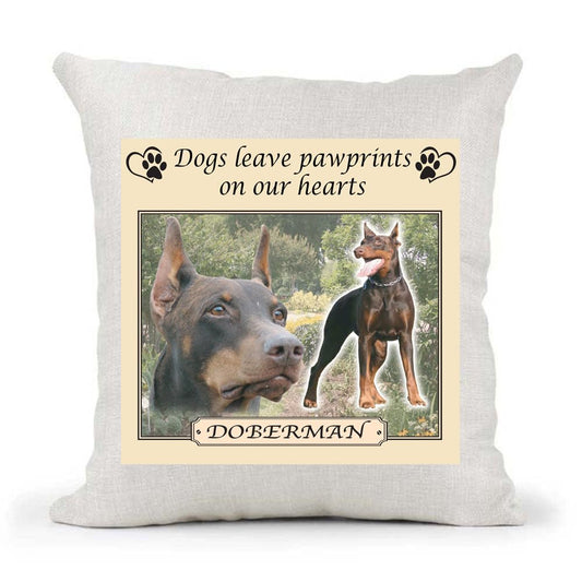Doberman Dogs Leave Pawprints on our Hearts Country Canvas Style Cushion Cover Gift