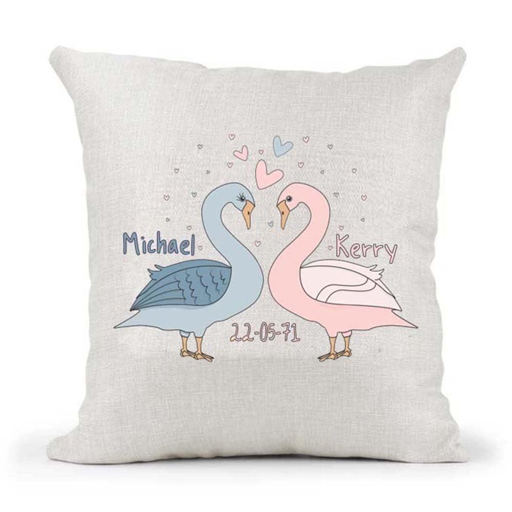 Cute Male Female Couple Swans Valentines Day Anniversary Personalised Country Canvas Cushion Cover Gift