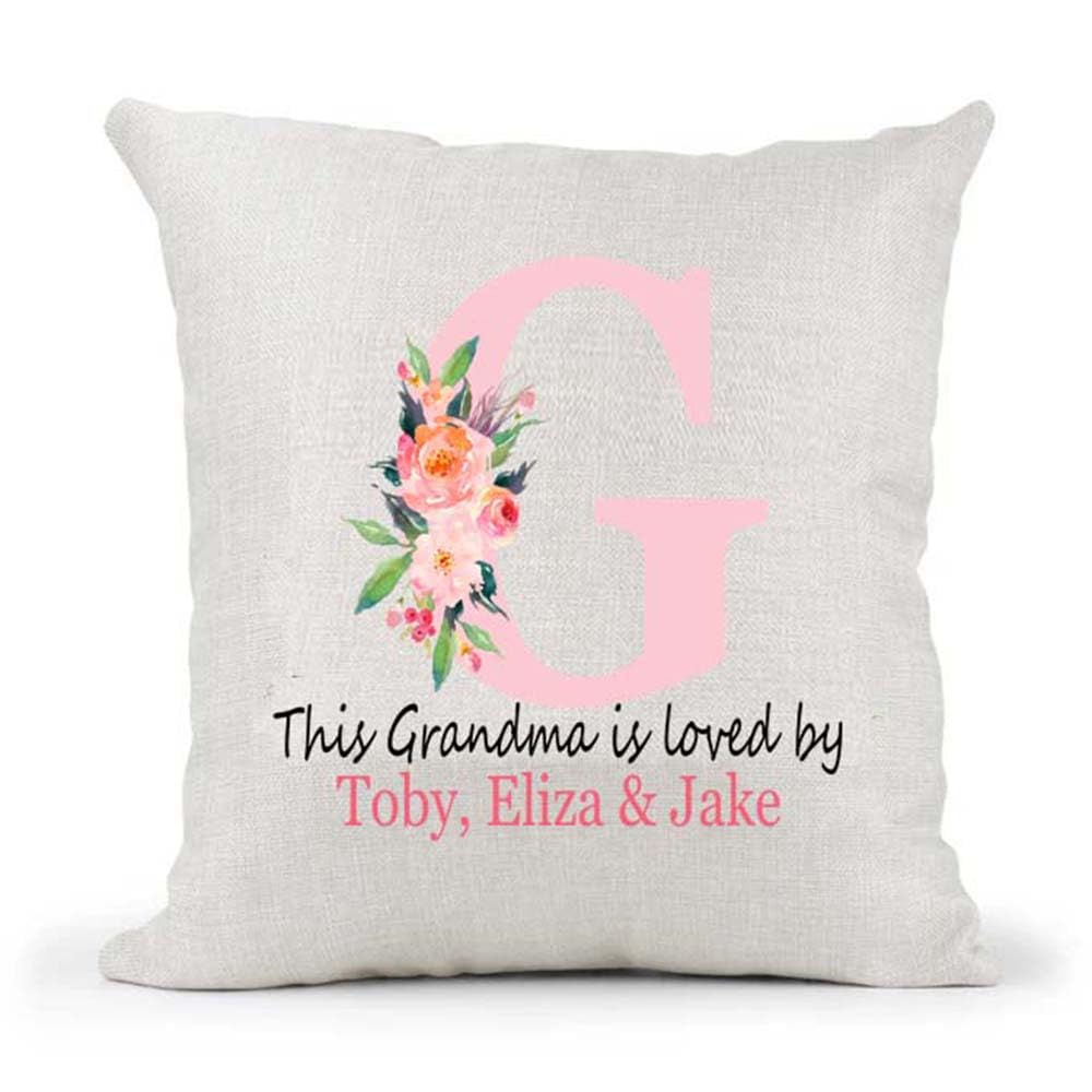 Monogram Personalised Message Grandma loved by Grandkids Names 30th 40th 50th 60th 70th Anniversary Valentines Day Mother's Day Birthday Present Country Canvas Cushion Cover Gift