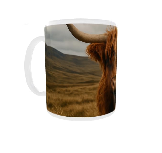 Scottish Highland Cow Ceramic Mug – 11oz Coffee Cup with Cute Cow Print | Farm Animal Gift for Her or Him | Rustic Country Tea Mug for Home or Office
