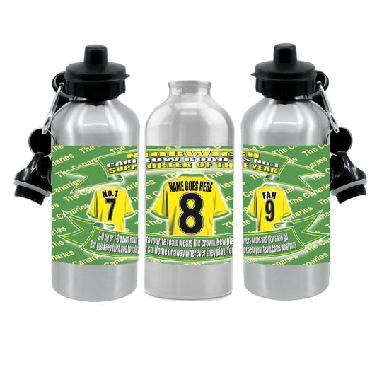 Norwich Personalised Football Shirt Silver Aluminium Two Lid Unisex Water Bottle Gift