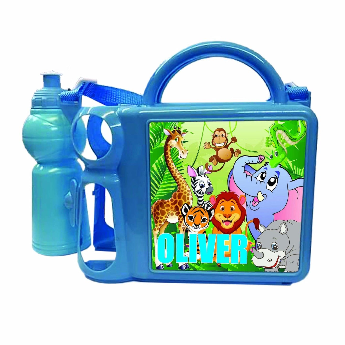 Personalised Safari Jungle Animals Plastic Lunch Box and Water Bottle Back to School Gift Set