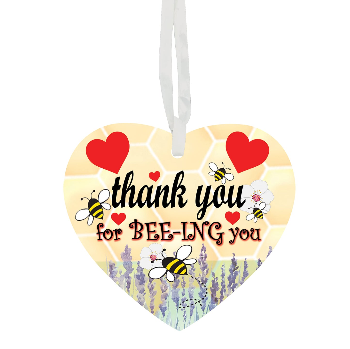 Thank You For BEE-ING You Hanging Heart Any Occasion Valentine's Day Ceramic Keepsake Gift With Honeycomb Bee Hexagon Shape & Red Hearts Setting