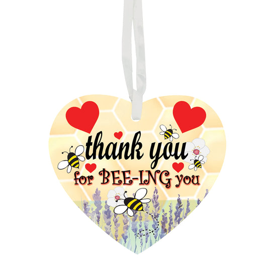Thank You For BEE-ING You Hanging Heart Any Occasion Valentine's Day Ceramic Keepsake Gift With Honeycomb Bee Hexagon Shape & Red Hearts Setting