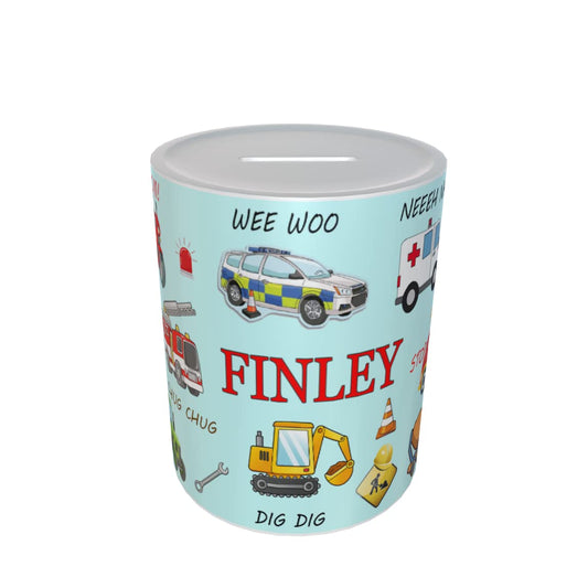 Fun Cartoon Personalised Vehicle Money Box Gift Blue