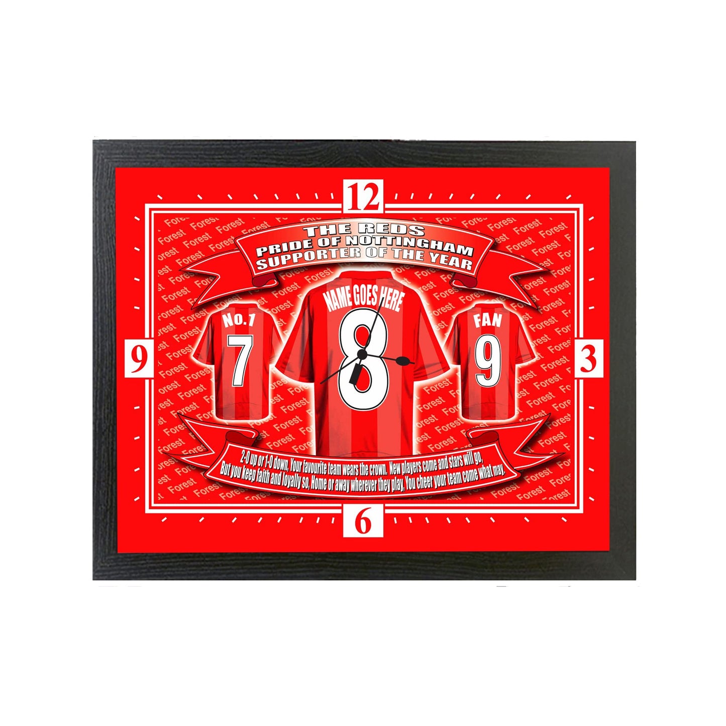 Notts Forest Personalised Football Shirt Wall Clock Gift Present - Red, 25cm x 34cm - Modern Sports Wall Clock