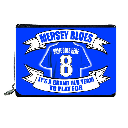 Blue pouch with 'Mersey Blues' design and customizable text on a white background