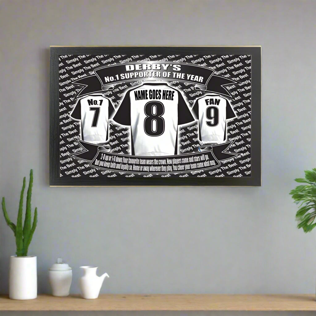 Personalized sports jersey print with customizable text on a dark background