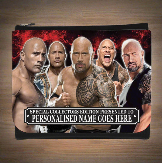 wallet with a collage of a famous wrestler in various poses on a red and black background.
