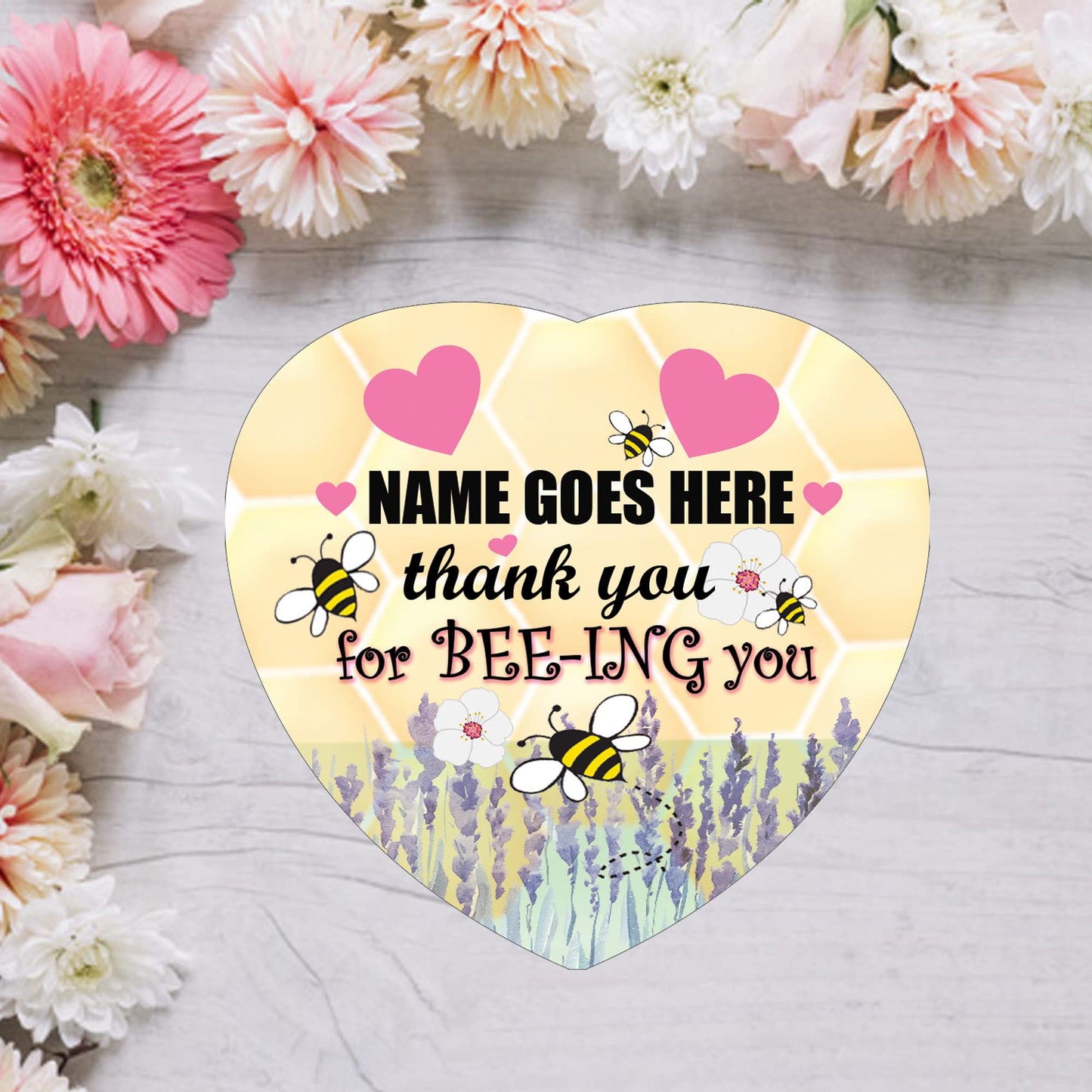 Thank You For BEE-ING You Personalised Hanging Heart Ceramic Keepsake With Honeycomb Bee Hexagon Shape & Pink Hearts Setting Gift