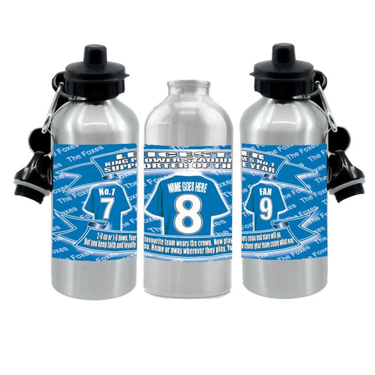 Leicester Personalised Football Shirt Silver Aluminium Two Lid Unisex Water Bottle Gift