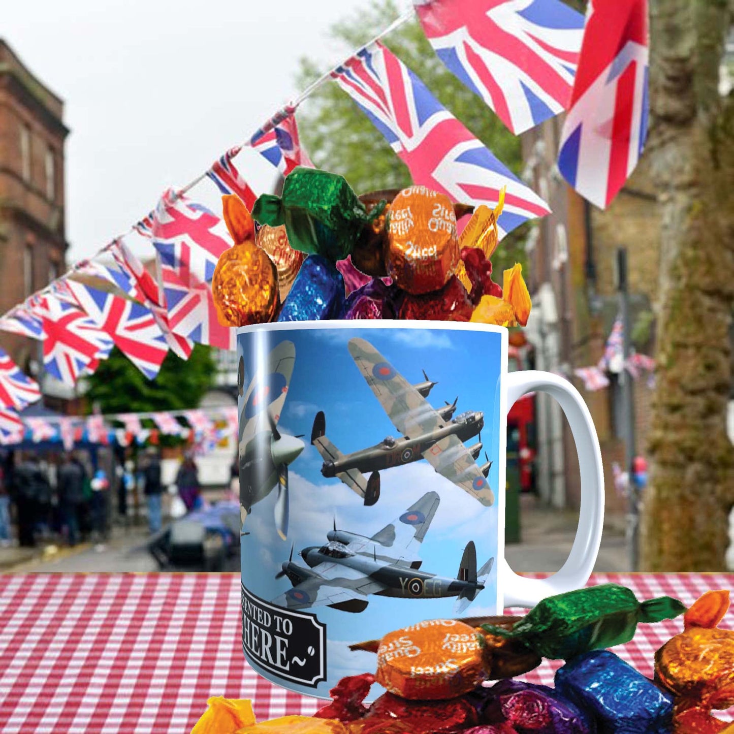 VE Day Battle of Britain WWII Iconic War Planes Spitfire Lancaster Personalised Mug with Choice of Sweets Gift