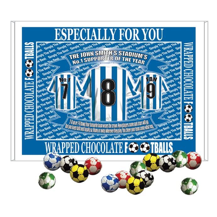 Promotional packaging for wrapped chocolate balls with sports theme, featuring a blue border and text.