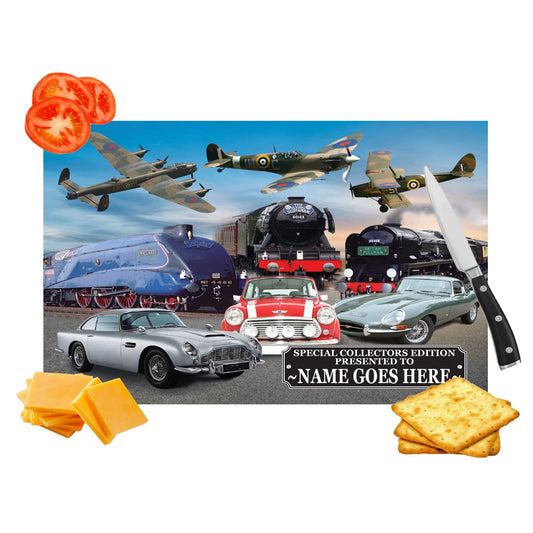 Planes Trains and Automobiles Classic Car & Transport Icons Personalised Toughened Glass Heat Resistant Worktop Saver Cutting and Chopping Board Gift