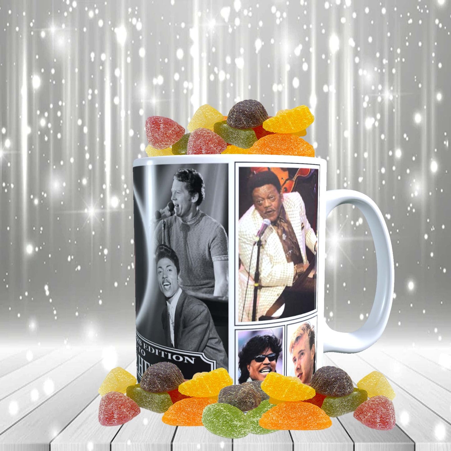 Rock n Roll Greats of 50s & 60s Personalised Music Icon Mug with Choice of Sweets Gift