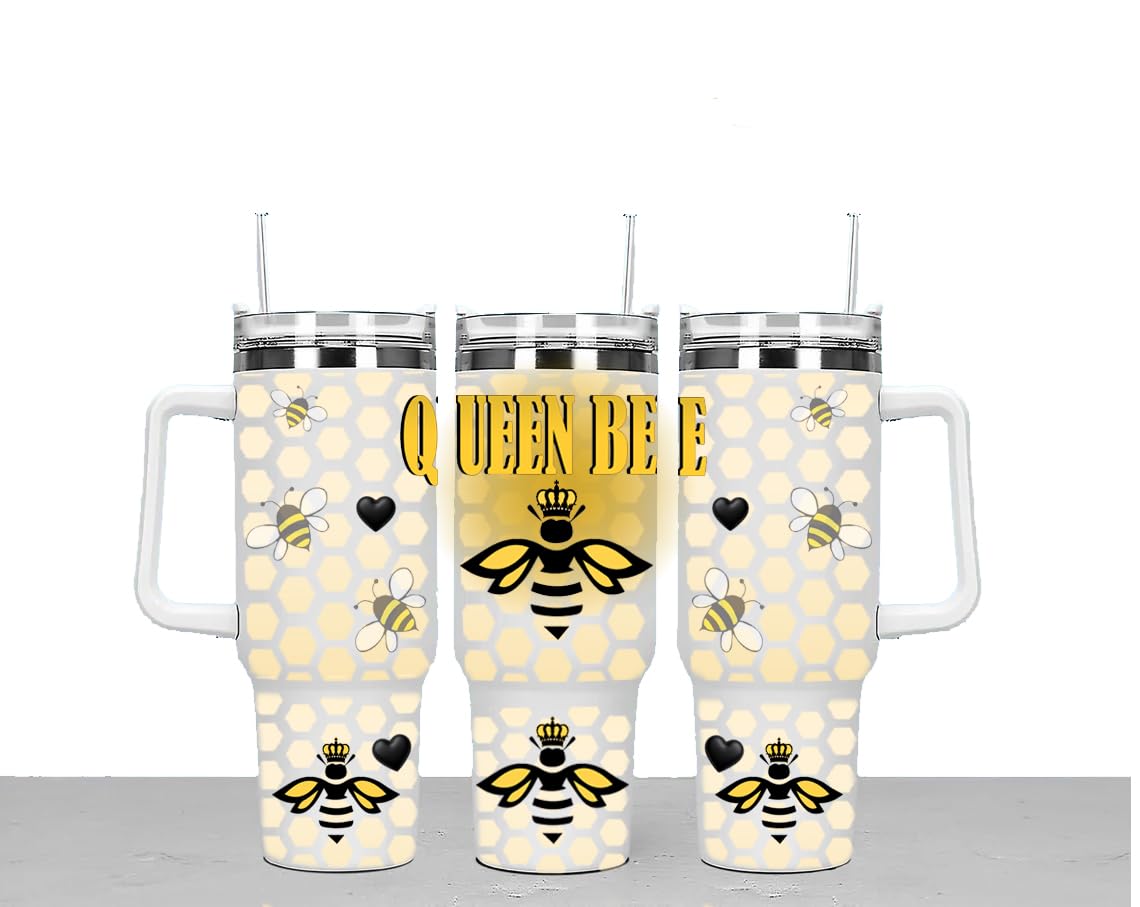 Queen Bee Large Unisex 40oz Stainless Steel Travel Cup Tumbler Gift with Carry Handle, Lid and Straw