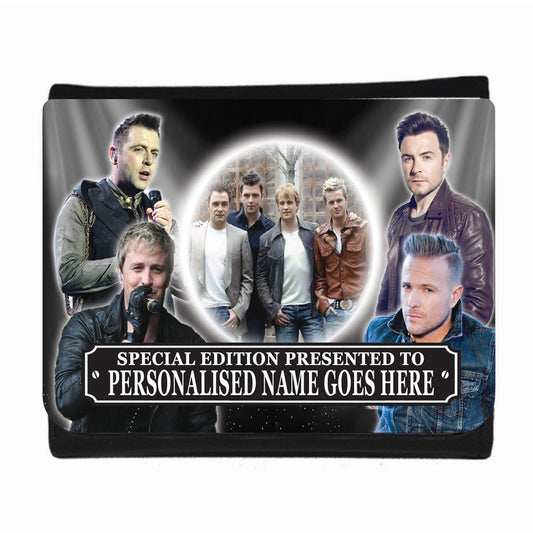 Pouch with a collage of a person and their band members, with text for personalization.