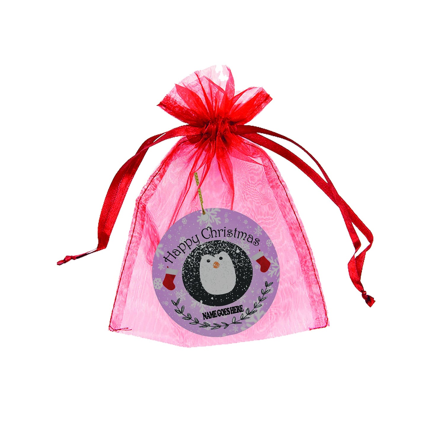 Pink Happy Christmas Personalised Penguin Ceramic hanging Tree Decoration